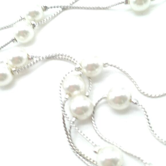 Delicate Tin Cup Faux Pearl Necklace Very Long Silver-tone Thin Chain 73 inches - Picture 13 of 14